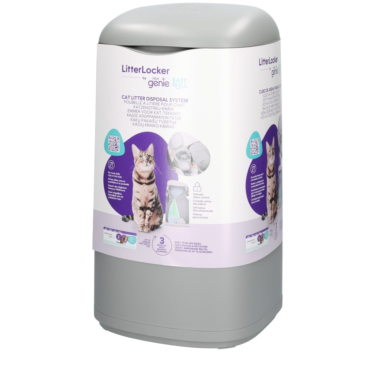 Seau gris Litter Genie avec motif de chat et informations produit, légèrement incliné.