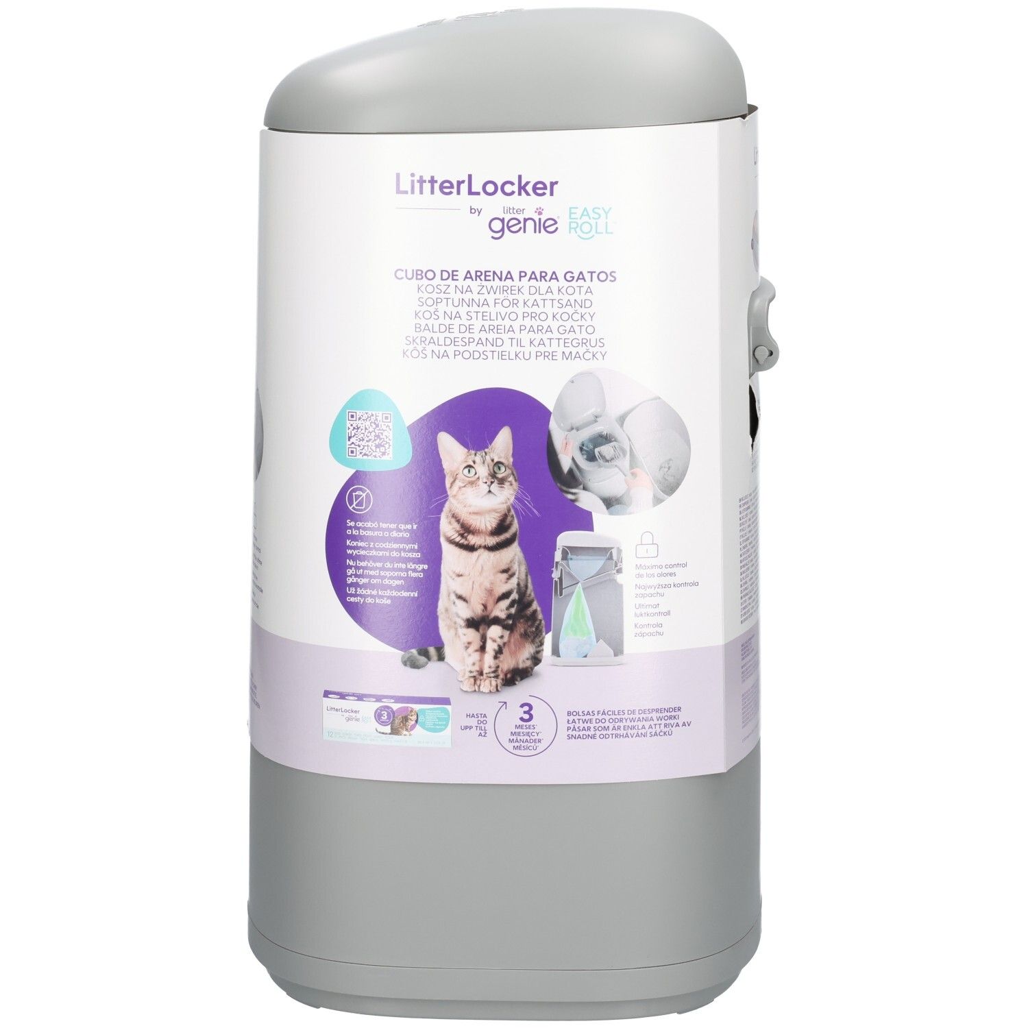 Seau gris Litter Genie avec motif de chat, inscription "Easy Roll" et infos produit.