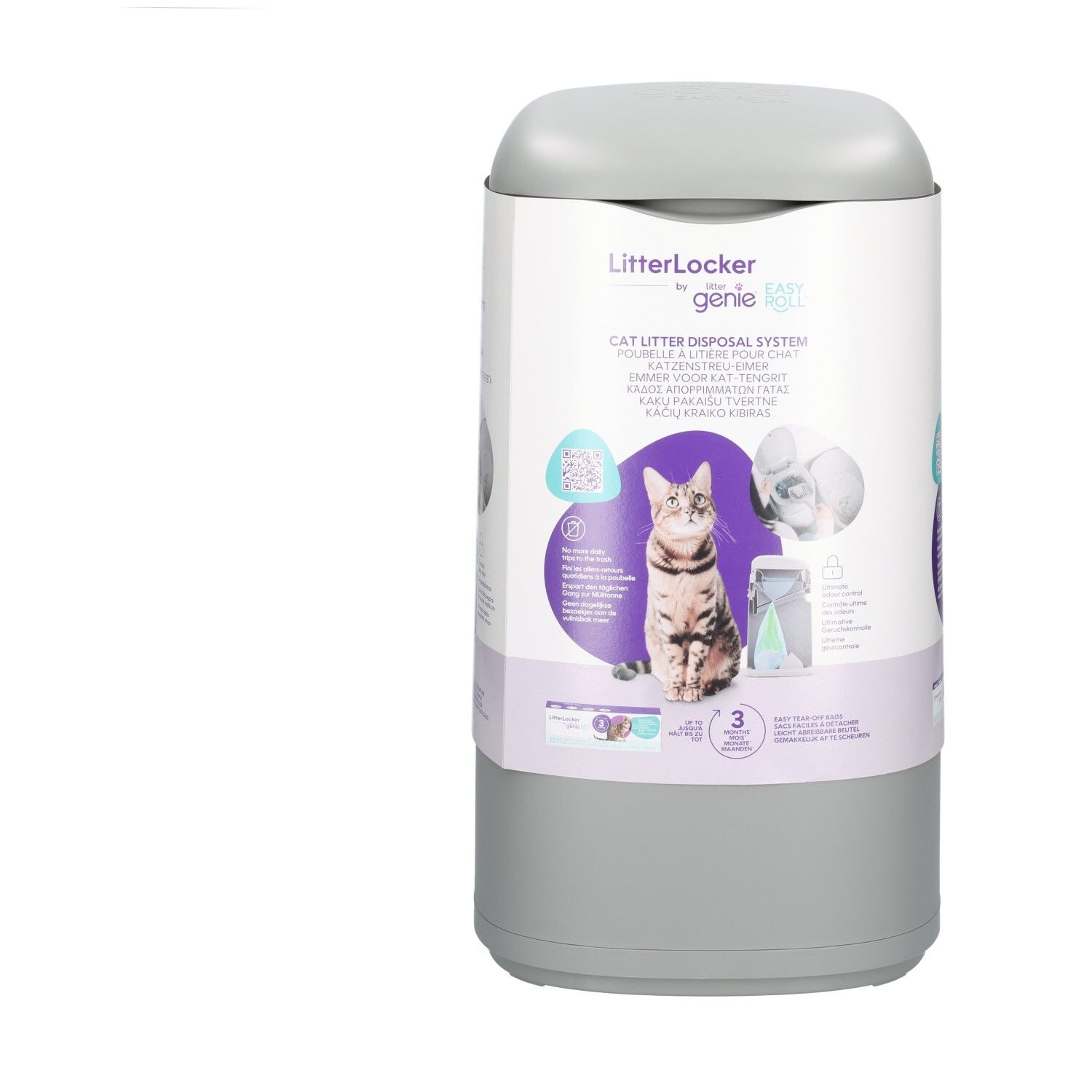 Seau gris Litter Genie avec motif de chat et informations produit, vue latérale.