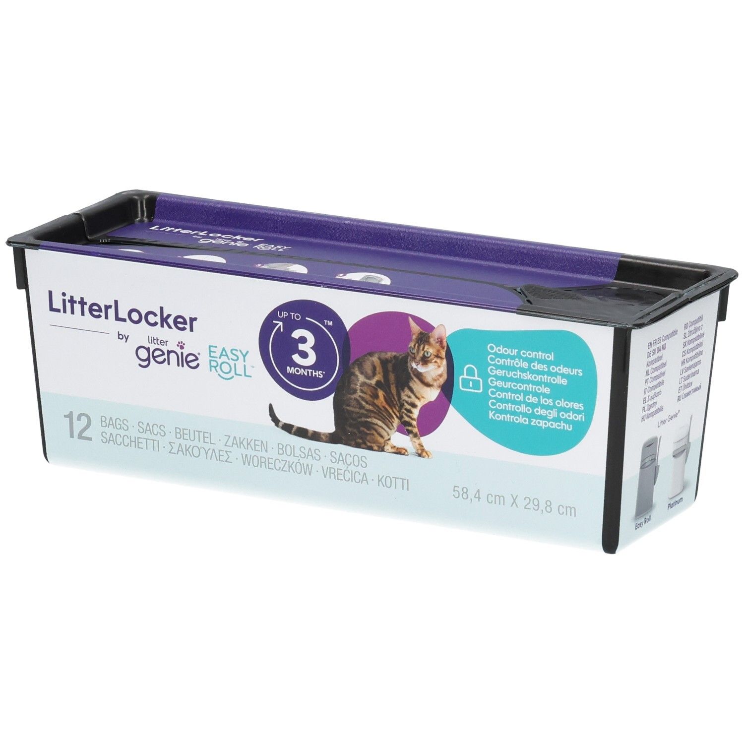 LitterLocker Easy Roll Nachfüllkassette für Katzenstreu, 12 Rollen, mit Abbildung einer Katze und Maßen 58,4 x 29,8 cm.