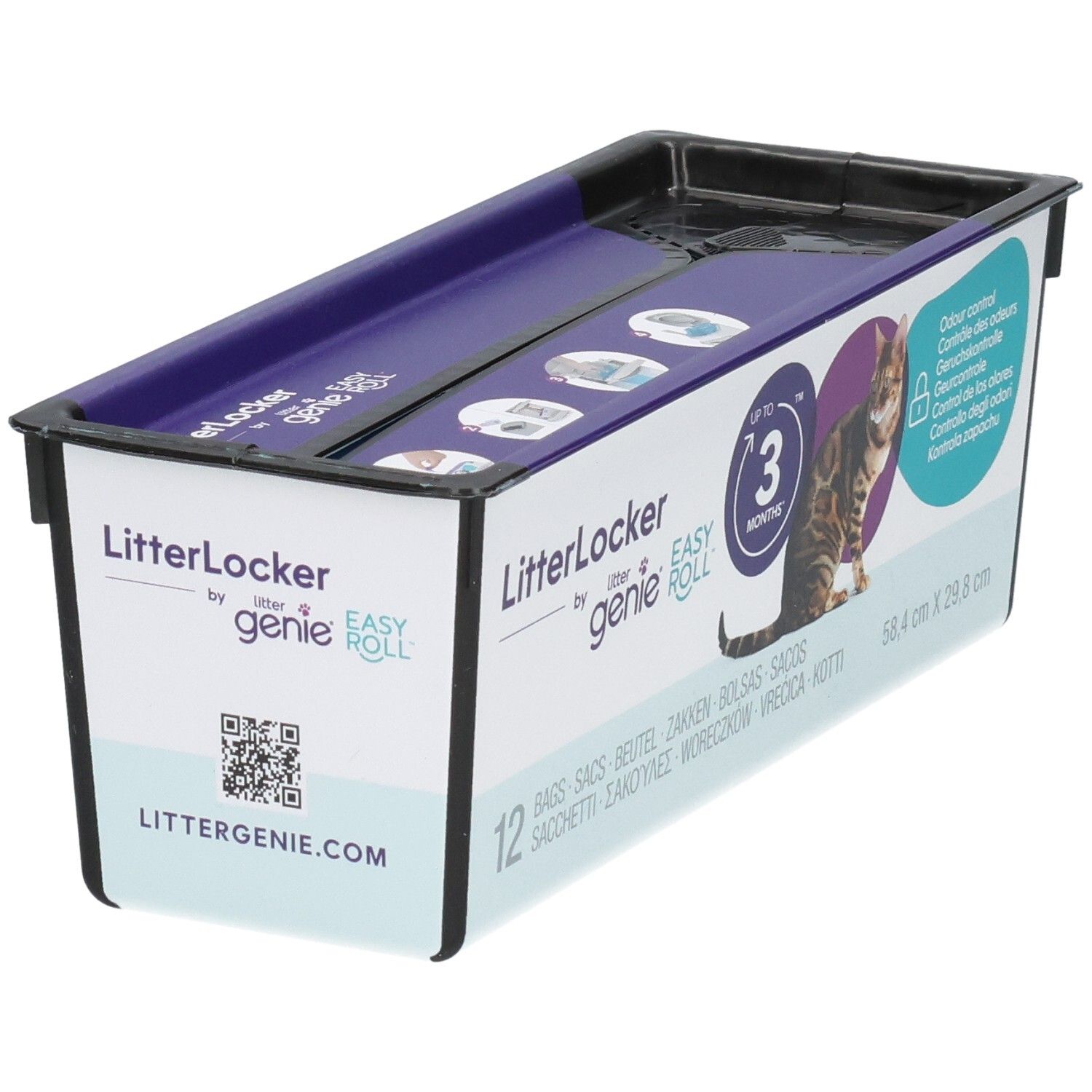 LitterLocker Easy Roll Nachfüllkassette für Katzenstreu, 12 Rollen, mit Abbildung einer Katze und Maßen 58,4 x 29,8 cm.