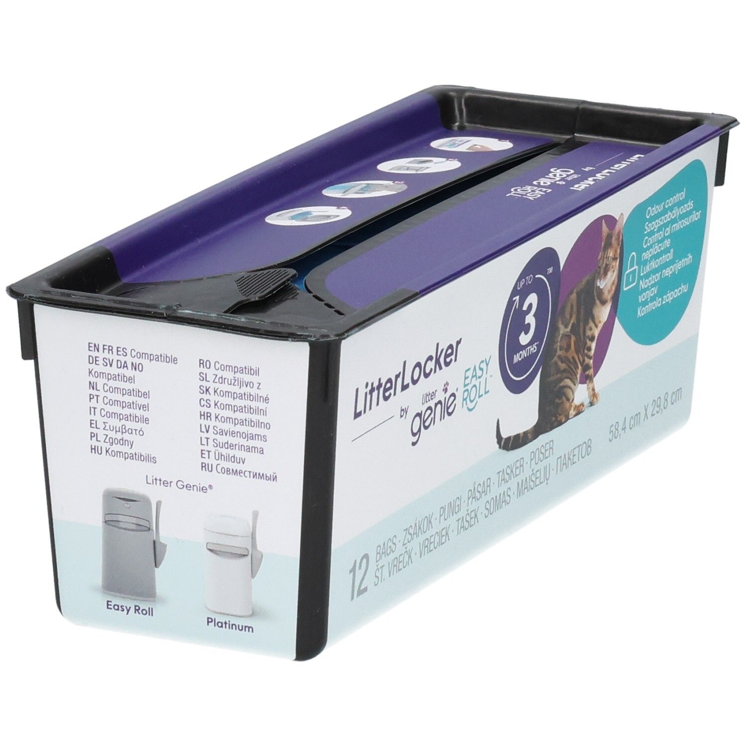 LitterLocker by genie, eine Katzentoilette mit lila Deckel und weißem Behälter, 58,4 x 28,8 cm.