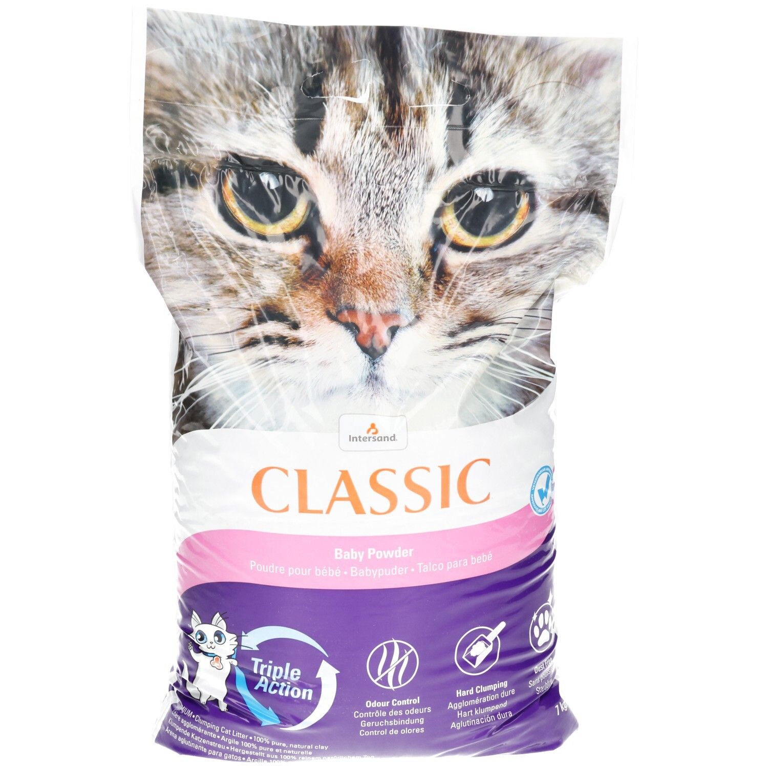 Beutel mit "CLASSIC Baby Powder" Aufschrift und einem Katzenbild.