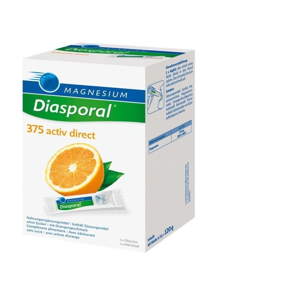 Verpackung von Magnesium Diasporal 375 activ direct. Abgebildet sind eine Orange, ein Beutel und Produktinformationen.
