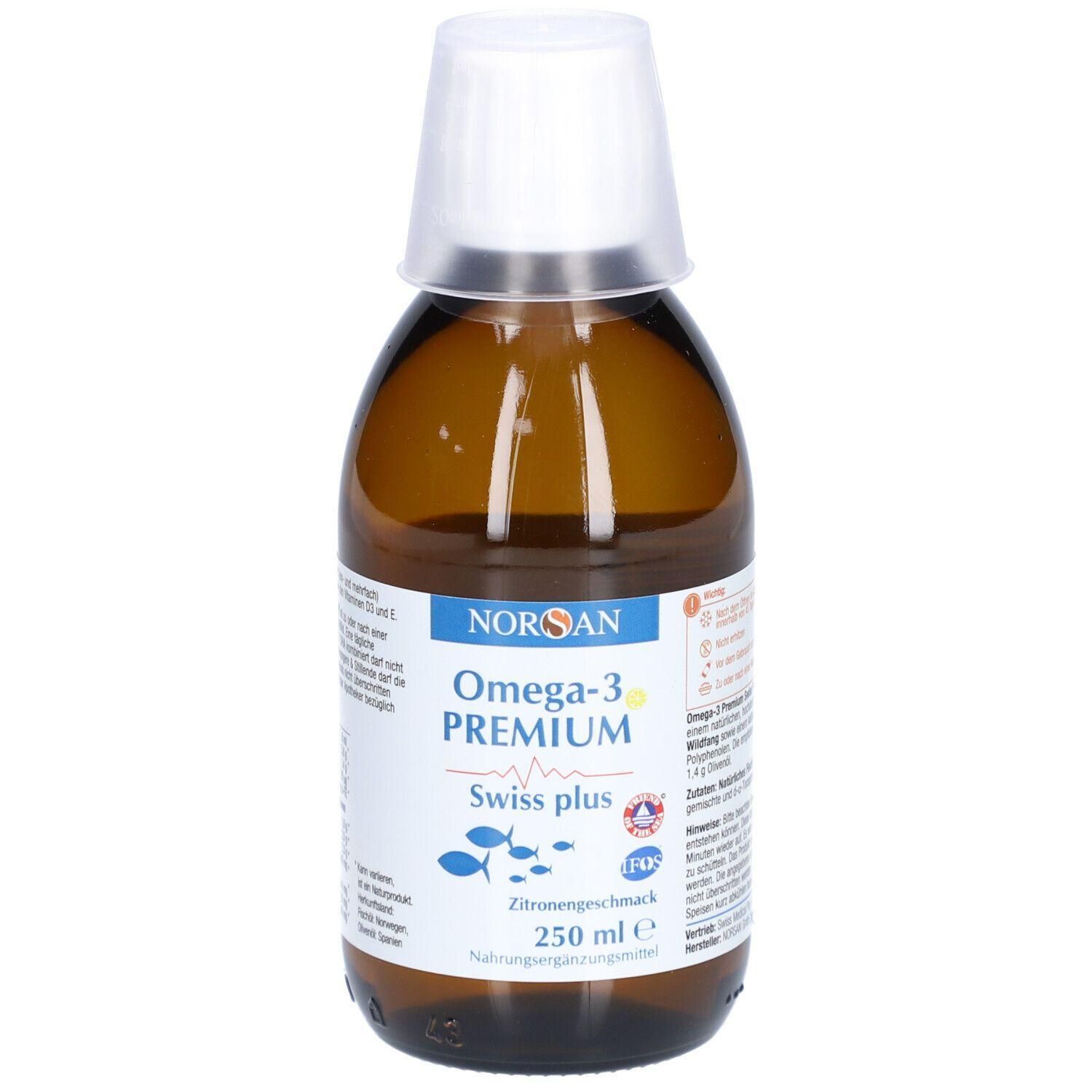 Braune Glasflasche mit weißem Deckel. Aufschrift: NORSAN Omega-3 PREMIUM Swiss plus. Zitronengeschmack. 250 ml.