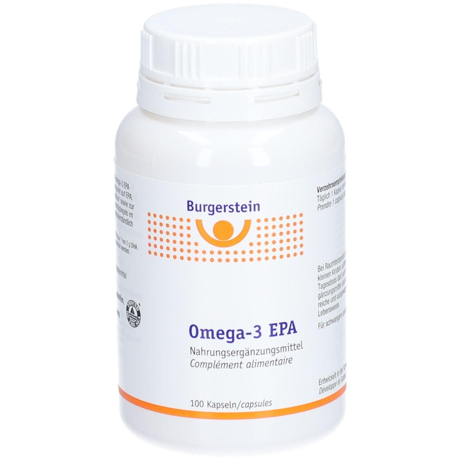 Weiße Flasche mit Schraubverschluss. Aufschrift Burgerstein, Omega-3 EPA, Nahrungsergänzungsmittel. 100 Kapseln.