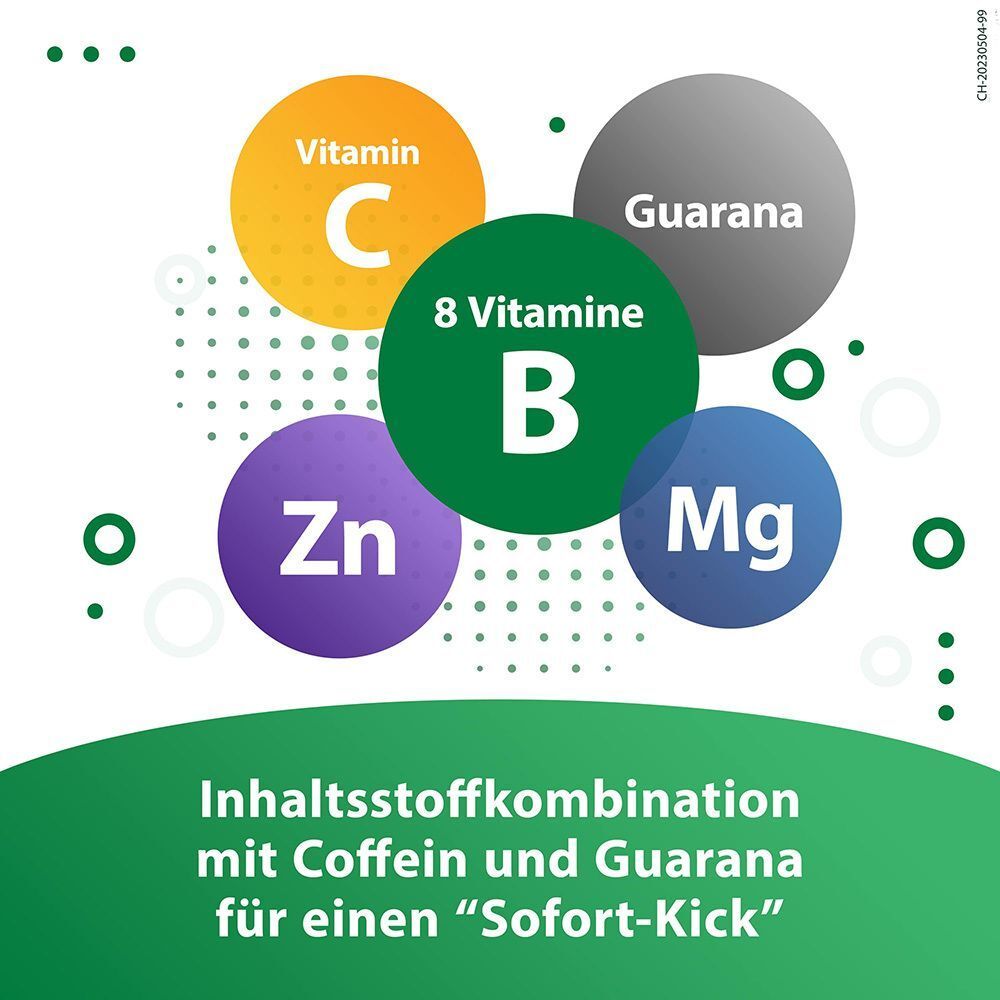 Grafik mit Vitamin C, Guarana, Zink, Magnesium und B-Vitaminen. Text: Inhaltsstoffkombination mit Coffein und Guarana für einen "Sofort-Kick".
