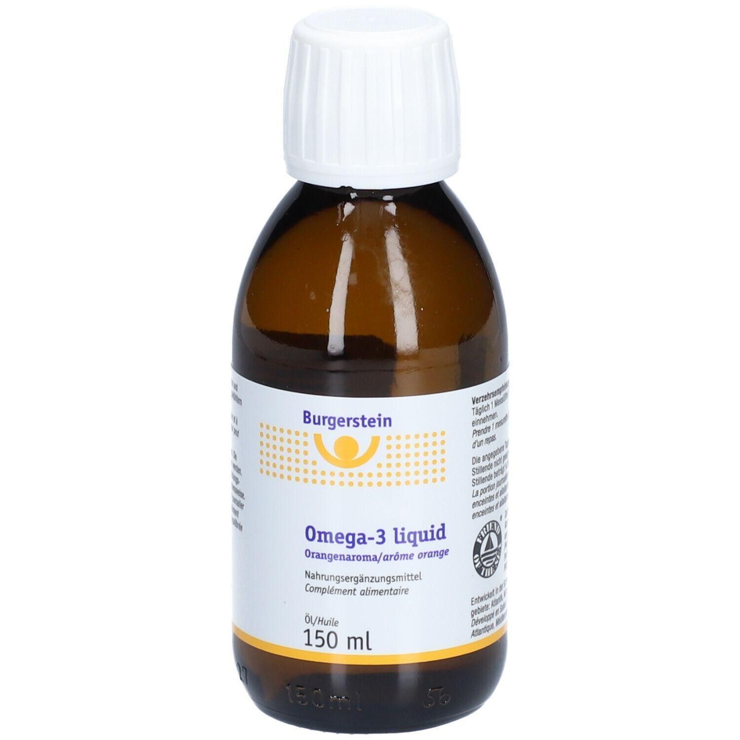 Braune Glasflasche mit weißem Deckel. Beschriftung: Burgerstein Omega-3 liquid, 150 ml. Nahrungsergänzungsmittel.