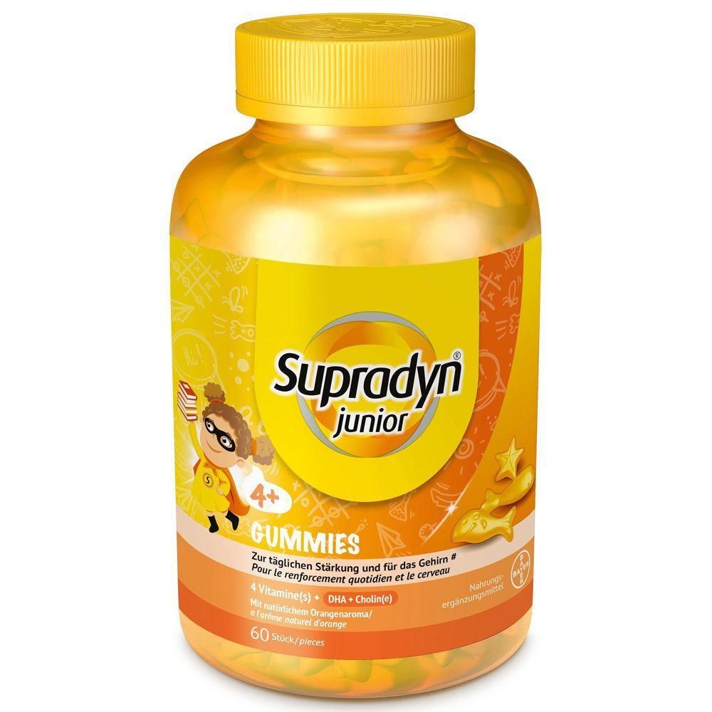 Gelbe Flasche mit Supradyn Junior Gummies. Aufschrift: 4+ Gummies. Enthält 60 Stück. Text in Deutsch und Französisch.