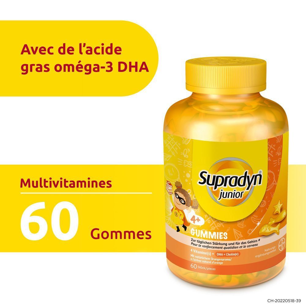 Gelbe Flasche Supradyn Junior Gummies. Aufschrift: 4+ Gummies. Enthält 60 Gummibärchen. Text: Multivitamine, DHA.