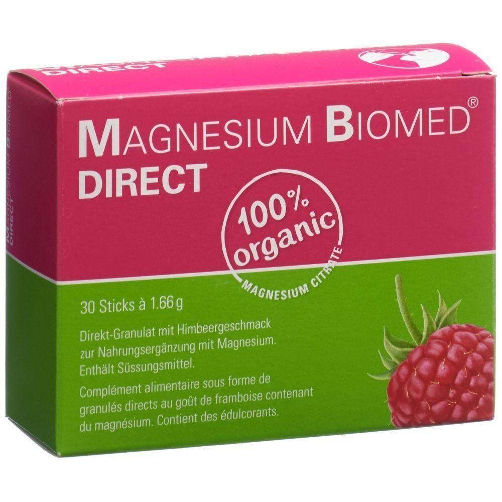 Verpackung von Magnesium Biomed Direkt. Rosa-grüne Schachtel mit Produktnamen und Himbeer-Abbildung. Enthält 30 Sticks.