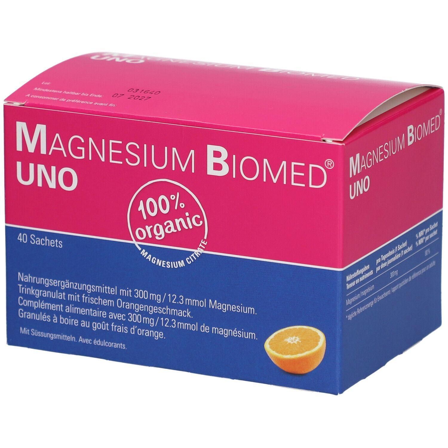 Rosa-blaue Schachtel mit "MAGNESIUM BIOMED UNO". Enthält 40 Sachets. Aufdruck: "100% organic". Mit Orangengeschmack.