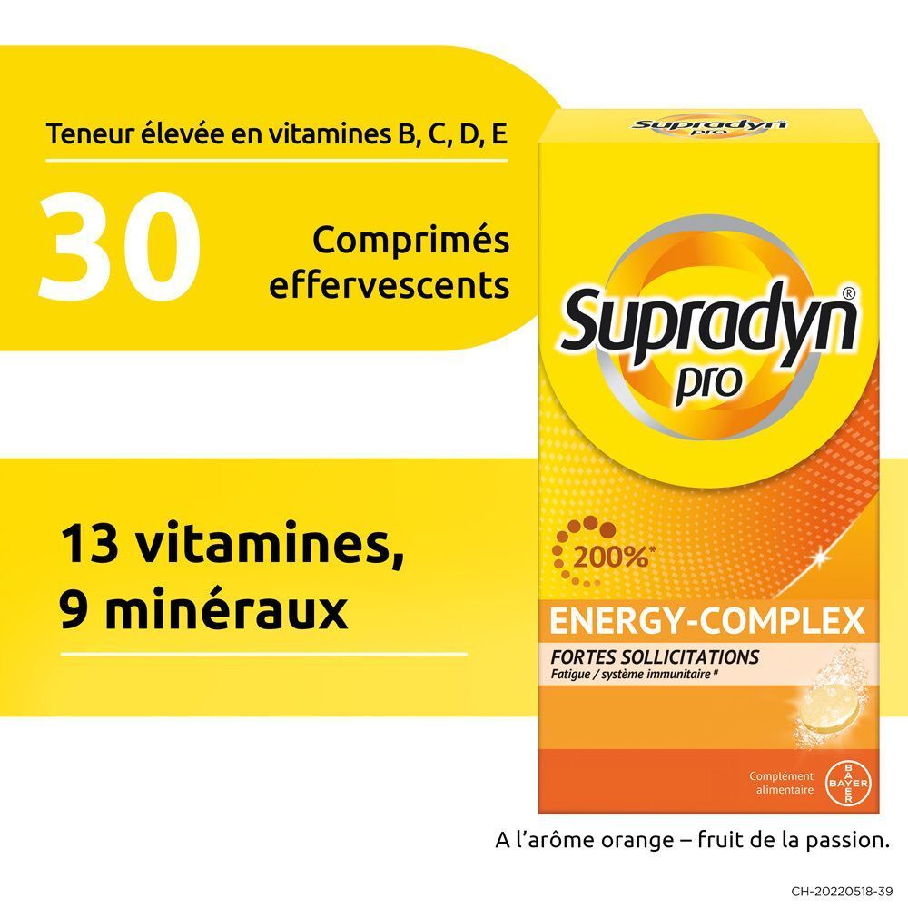 Boîte jaune "Supradyn pro". 30 comprimés effervescents. Texte: 13 vitamines, 9 minéraux. Teneur élevée en vitamines B, C, D, E. Arôme orange-fruit de la passion.