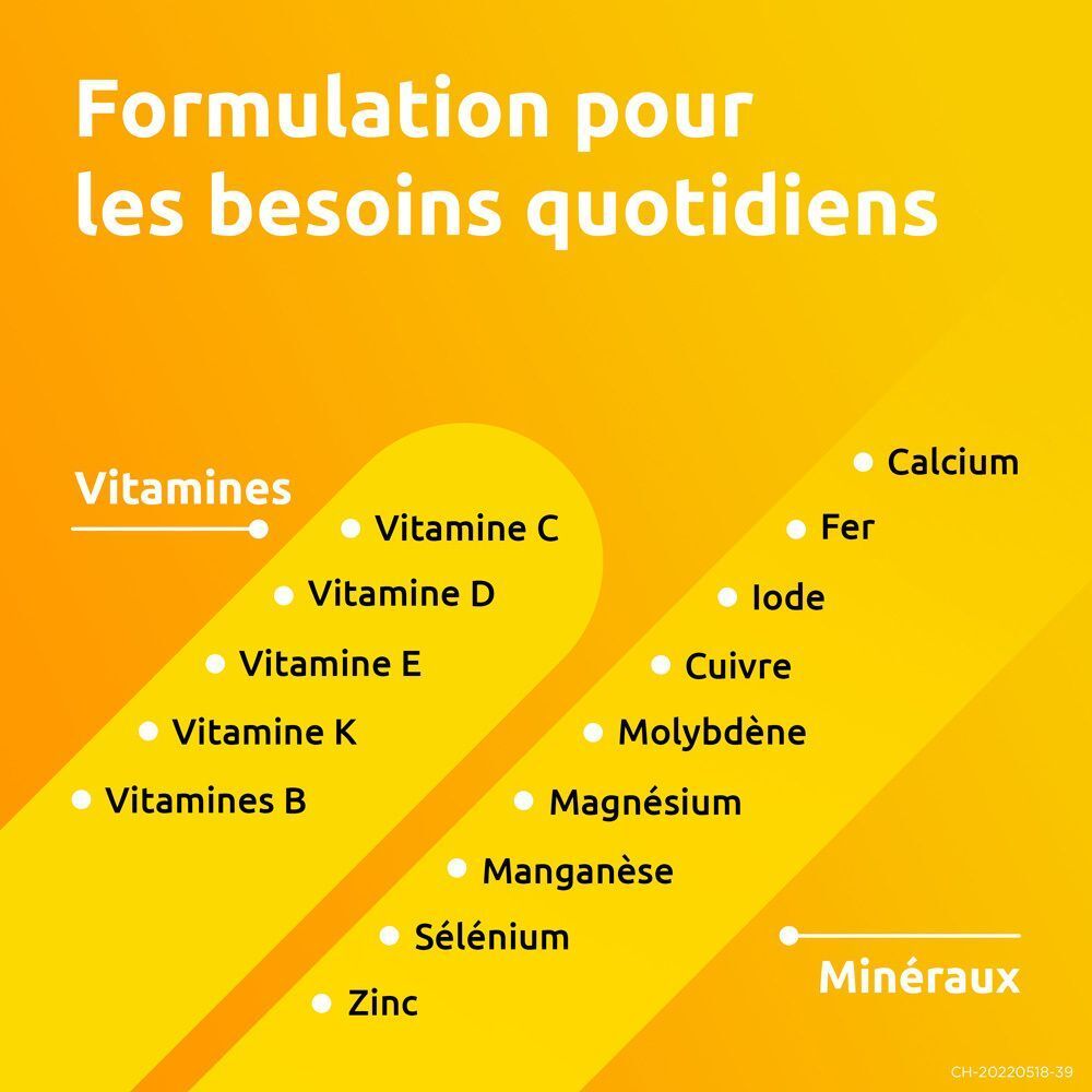 Liste des vitamines et minéraux. Vitamines: C, D, E, K, B. Minéraux: Calcium, Fer, Iode, Cuivre, Molybdène, Magnésium, Manganèse, Sélénium, Zinc.