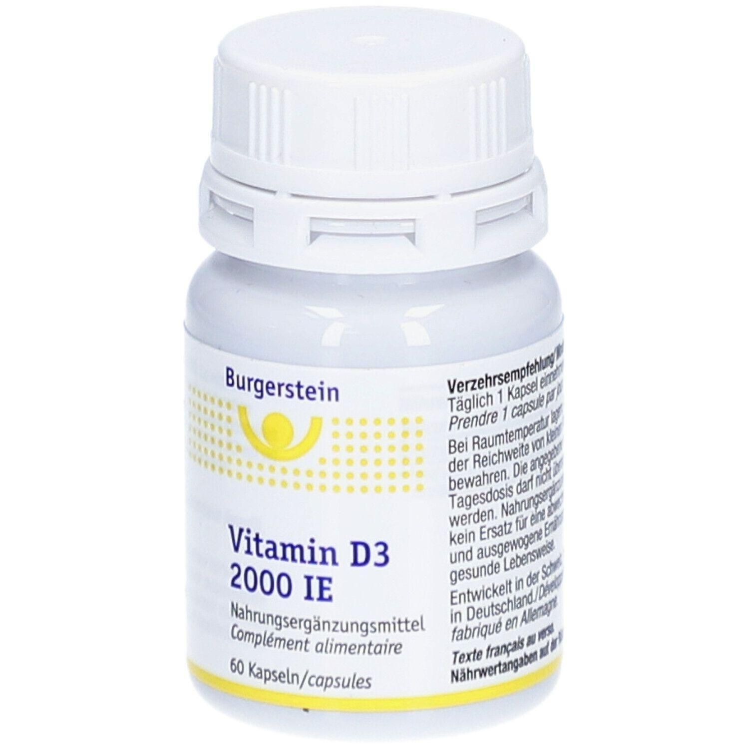 Weiße Flasche mit gelbem Etikett. Aufschrift: Burgerstein Vitamin D3 2000 IE. Nahrungsergänzungsmittel. 60 Kapseln.