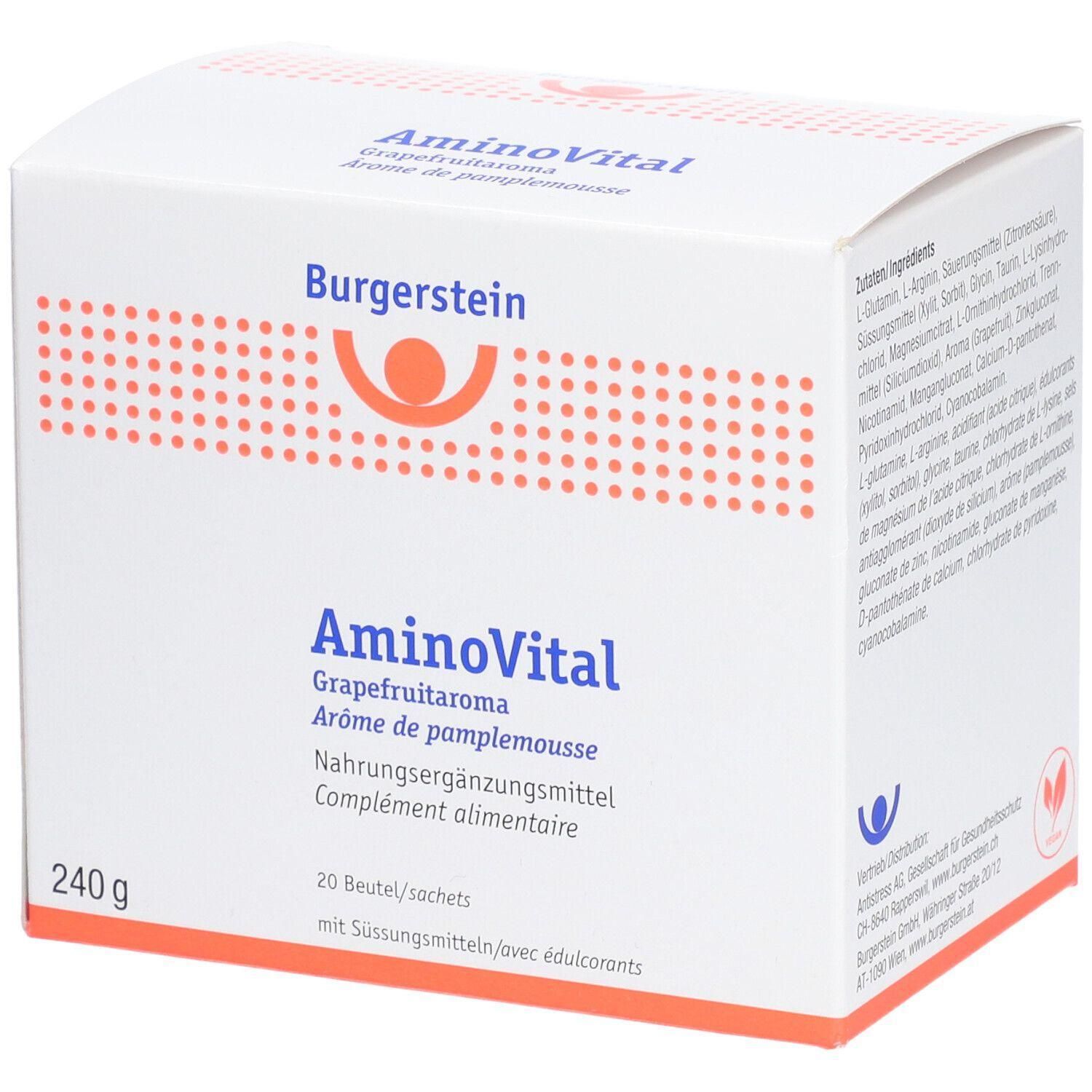 Weißer Karton mit Aufschrift AminoVital und Burgerstein. Enthält 20 Beutel. Aufschrift: Grapefruitaroma, Nahrungsergänzungsmittel, 240g.