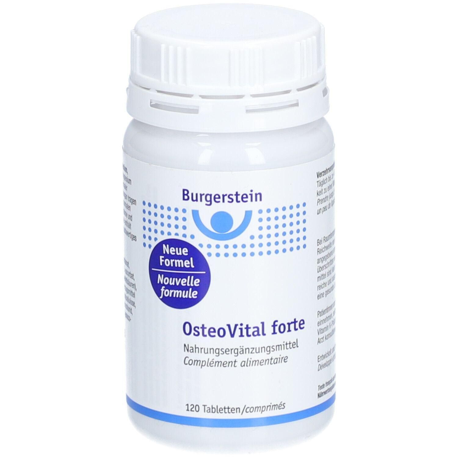 Weiße Flasche mit Schraubverschluss. Aufschrift Burgerstein, OsteoVital forte, Nahrungsergänzungsmittel. 120 Tabletten.