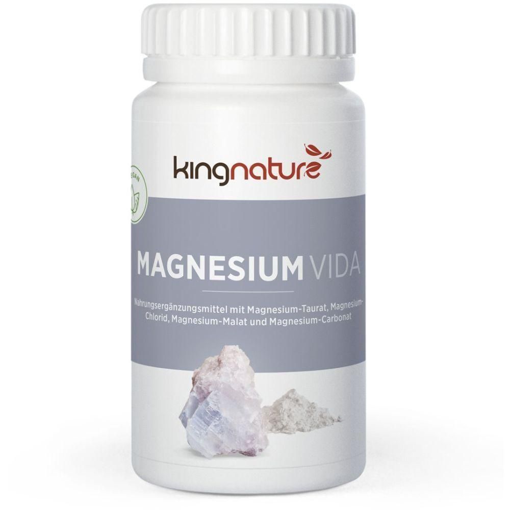 Weiße Flasche mit Schraubverschluss. Aufschrift: kingnature, MAGNESIUM VIDA. Abbildung von Magnesium-Kristallen. Text: Nahrungsergänzungsmittel.