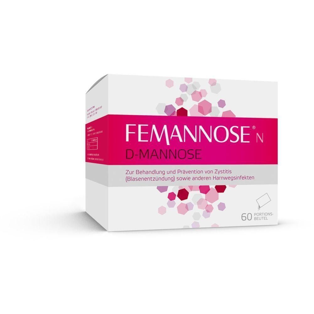 FEMMANOSE® D-Mannose-Packung. Weiße Schachtel mit pinkfarbenem Streifen. Schriftzug und 60 Beutel.