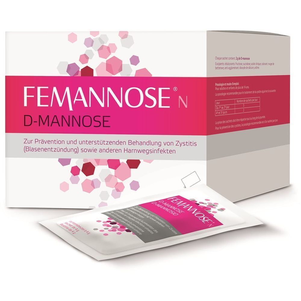 FEMMANOSE® D-Mannose-Packung und Beutel. Weiße Schachtel mit pinkfarbenem Streifen. Ein Beutel liegt davor.