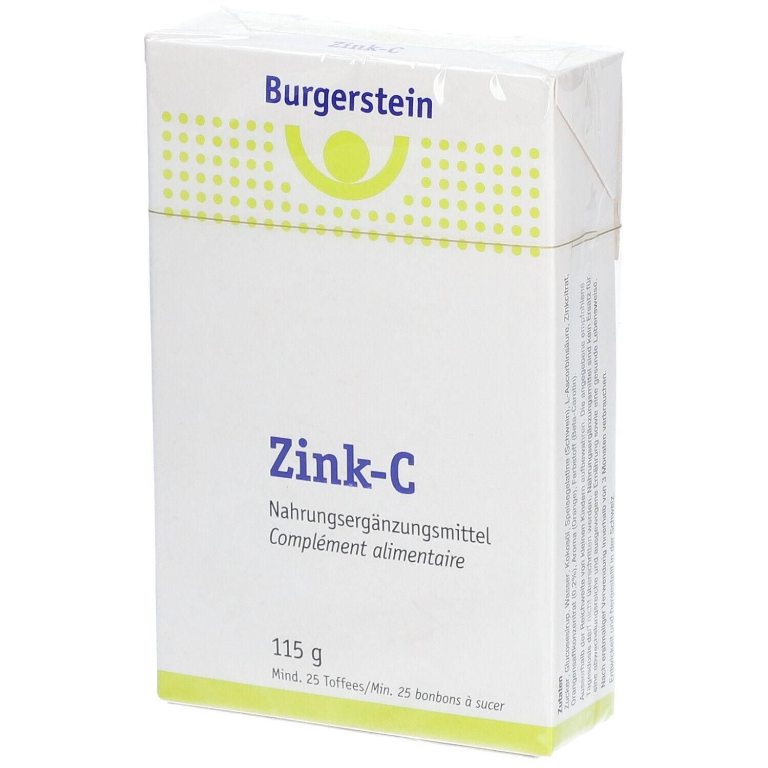 Weiße Verpackung mit "Burgerstein"-Logo und "Zink-C"-Schriftzug. Enthält Nahrungsergänzungsmittel. Gewicht: 115 g. Mind. 25 Toffees/Min. 25 bonbons à sucer.