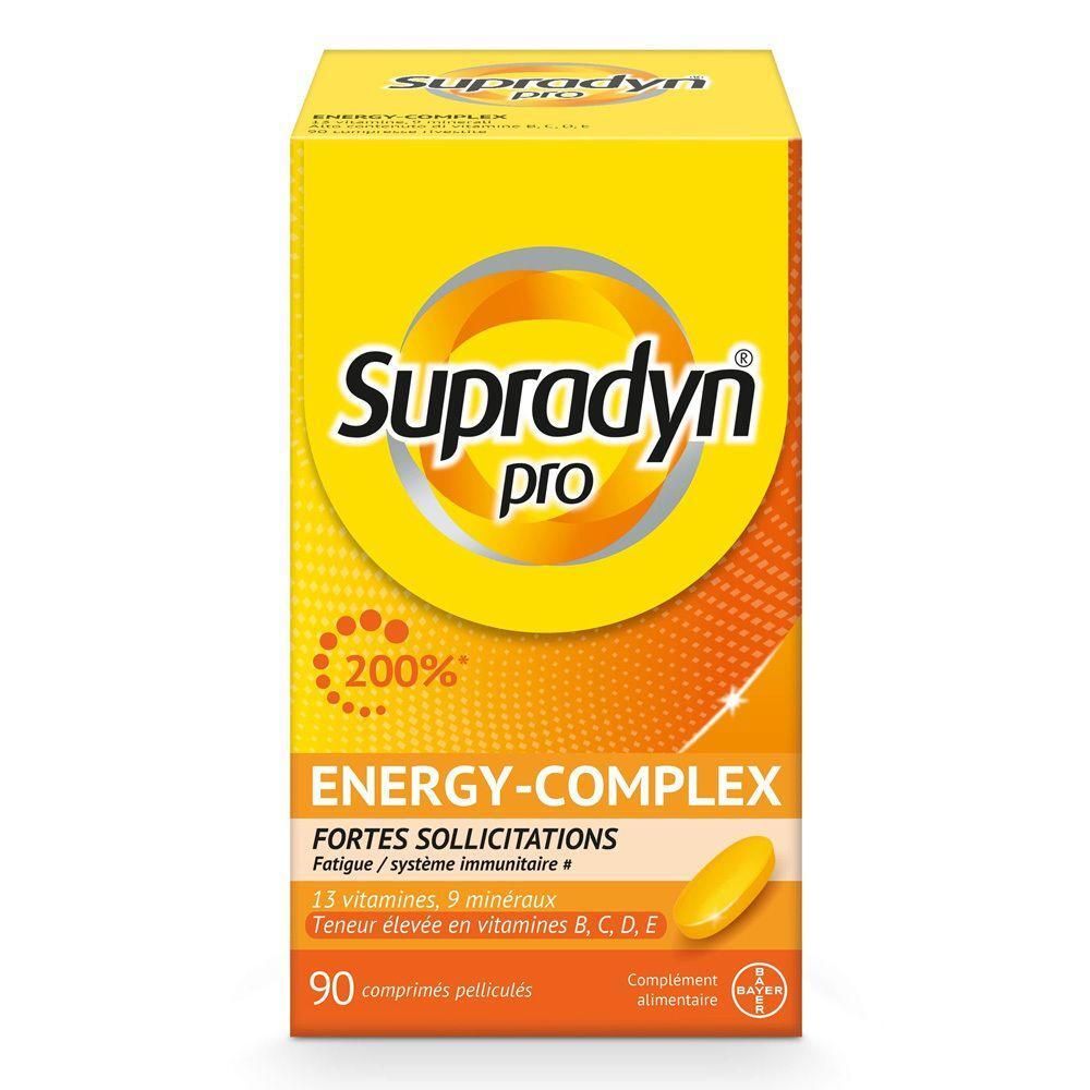 Gelbe Schachtel mit Supradyn pro Energy-Complex. Enthält 90 Tabletten. Aufschrift: 13 Vitamine, 9 Mineralien. Gelbe Kapsel abgebildet.