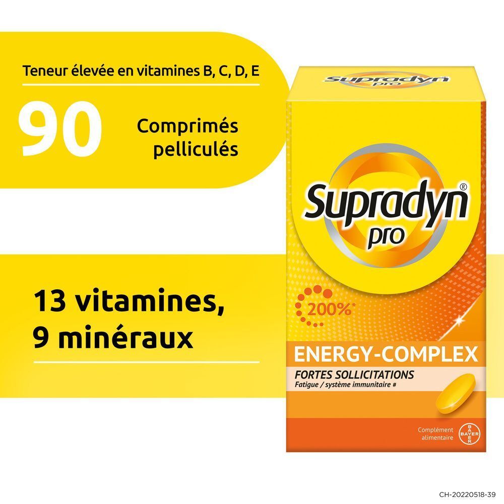 Gelbe Schachtel Supradyn pro Energy-Complex. Enthält 90 Tabletten. Aufschrift: 13 Vitamine, 9 Mineralien. Gelbe Kapsel abgebildet.