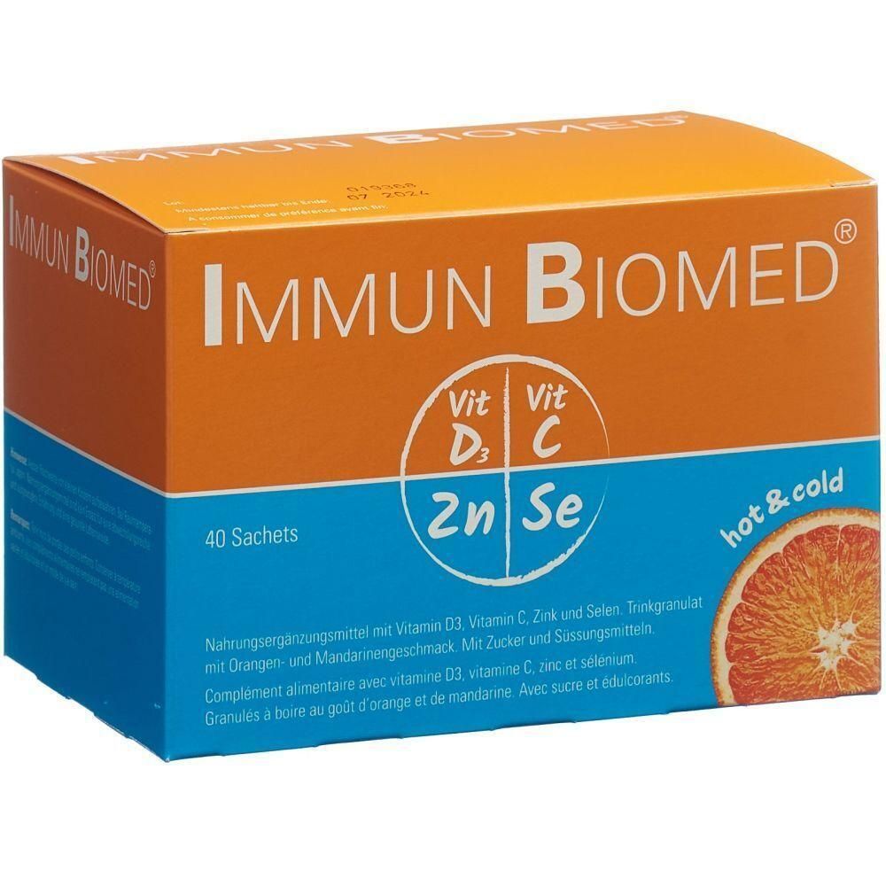 Orangefarbene Schachtel mit "IMMUN BIOMED"-Logo. Enthält 40 Sachets. Aufschrift: Vit D3, Vit C, 2n Se. Mit Orangen- und Mandarinengeschmack.
