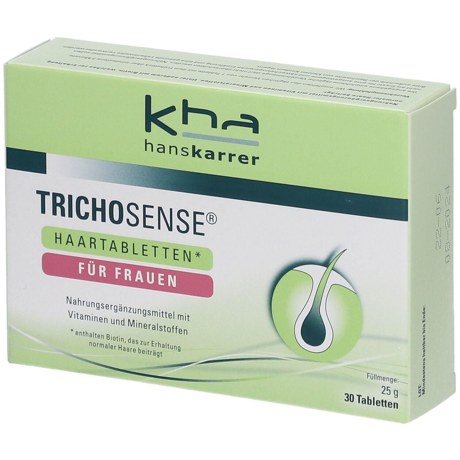 Grüne Schachtel mit "kha hanskarrer"-Logo und "TRICHOSENSE® HAARTABLETTEN FÜR FRAUEN". Enthält 30 Tabletten. Abbildung eines Haares.