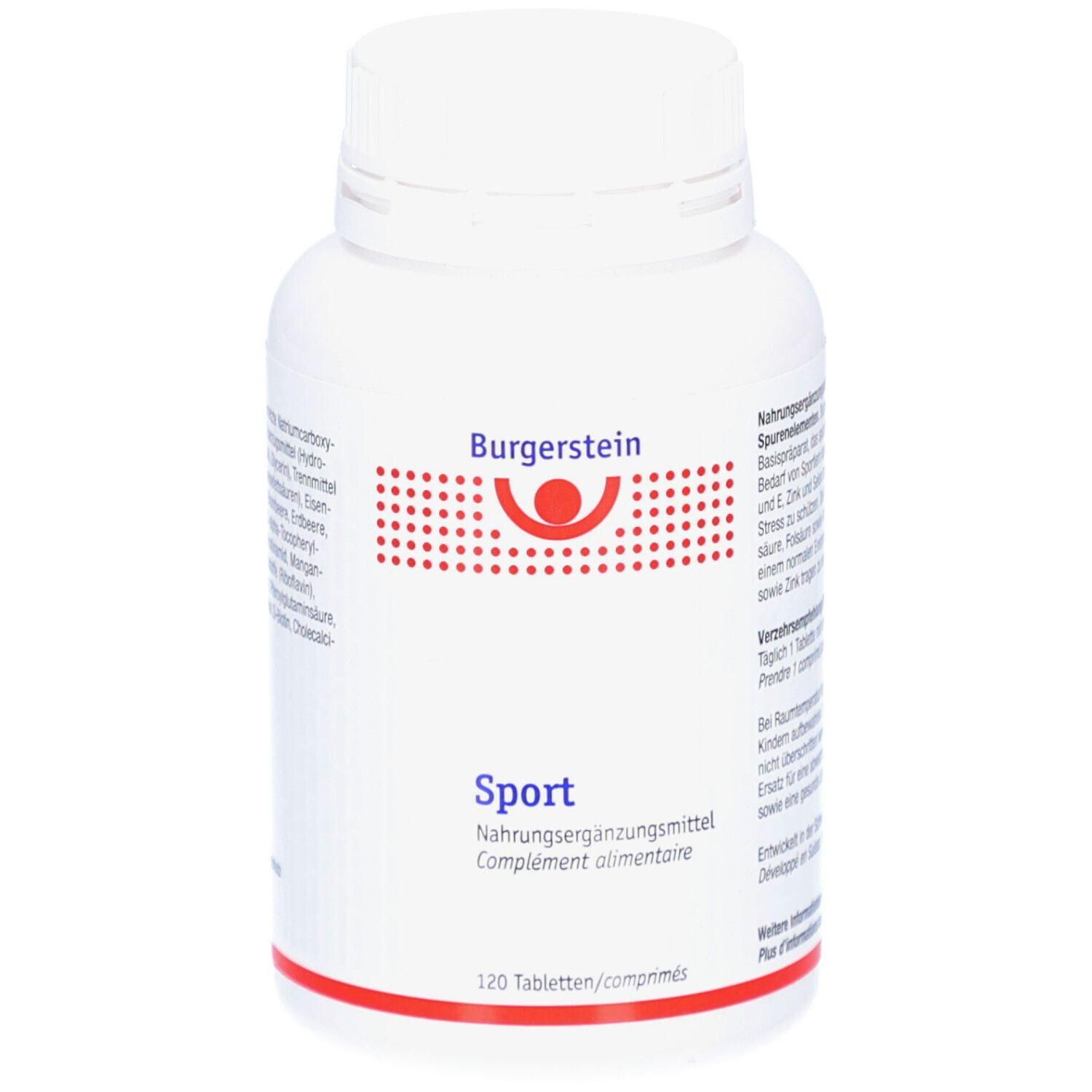 Weiße Flasche mit roter und weißer Aufschrift. Enthält 120 Tabletten. Aufschrift: Burgerstein Sport, Nahrungsergänzungsmittel.