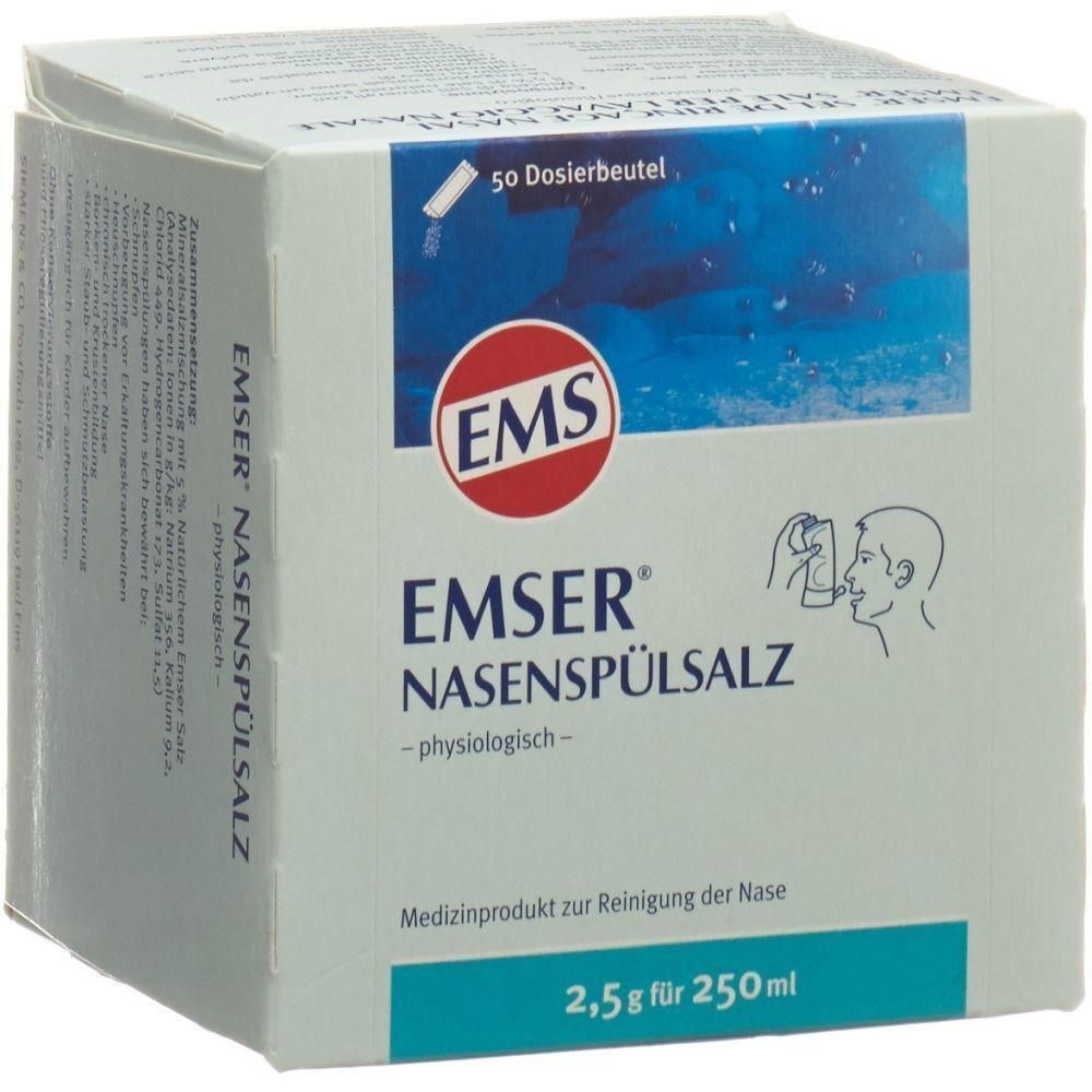 Boîte avec impression du produit. Logo EMS, texte EMSER Nasenspülsalz. 50 sachets. Produit médical pour le nettoyage nasal. 2,5 g pour 250 ml.