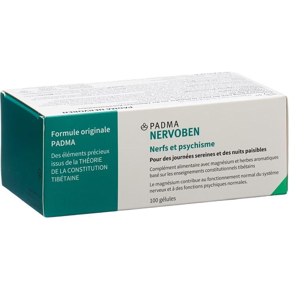Weiß-grüne Schachtel mit Produktinformationen. Aufschrift: PADMA NERVOBEN. Enthält 100 Kapseln. Text in Französisch.