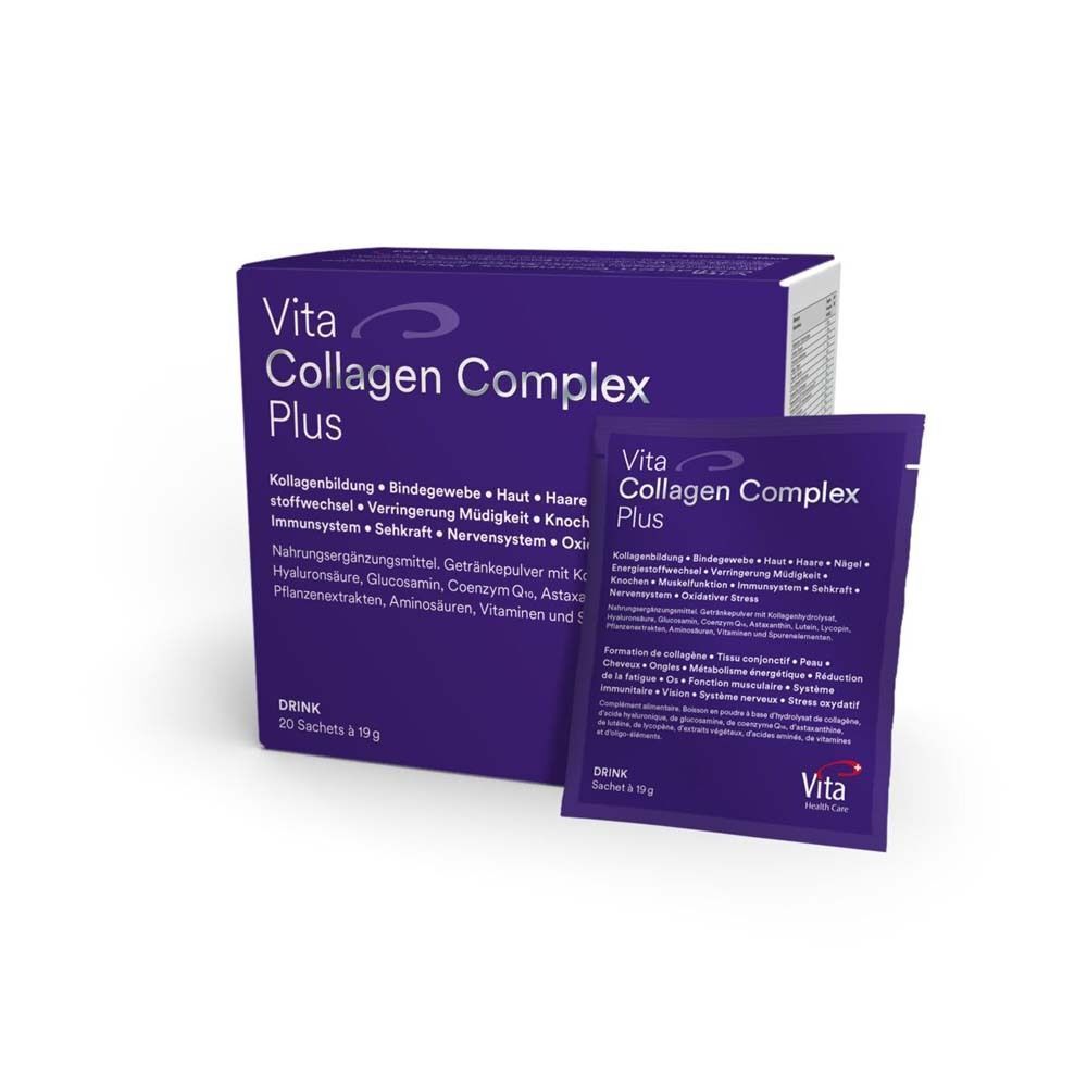 Violette Verpackung mit Produktnamen Vita Collagen Complex Plus. Eine einzelne Packung daneben. Text auf Deutsch.
