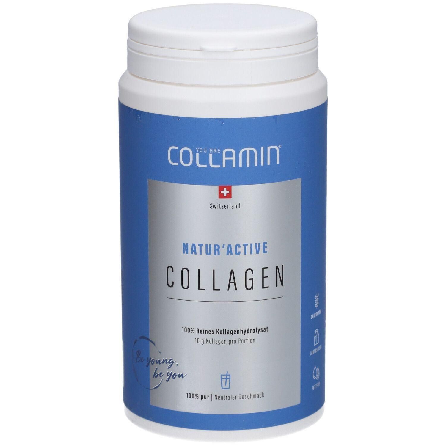 Weiße Dose mit blauem Etikett. Aufschrift COLLAMIN, Natur'Active Collagen. Schweizer Kreuz. Text: 100% reines Kollagenhydrolysat.
