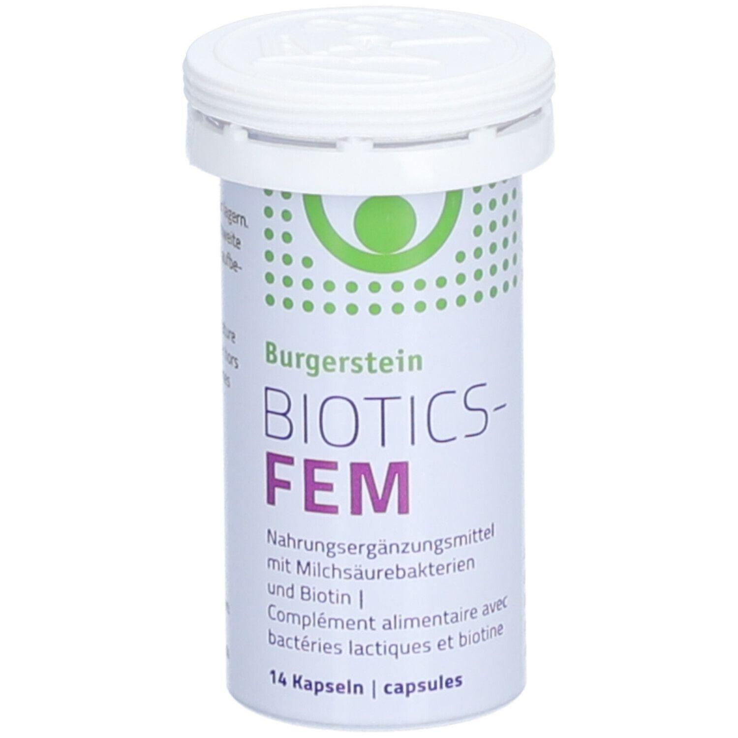 Zylindrische Dose mit weißem Deckel. Aufschrift: Burgerstein BIOTICS-FEM. Nahrungsergänzungsmittel mit Milchsäurebakterien und Biotin. 14 Kapseln.