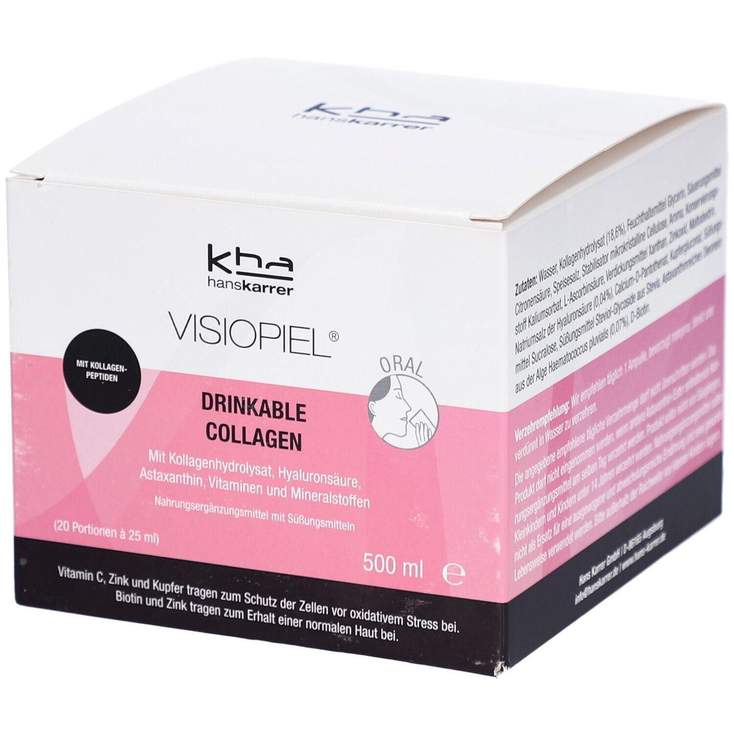 Boîte de VISIOPIEL Drinkable Collagen. Rose et blanc. Contient peptides de collagène, vitamines et minéraux. 500 ml.