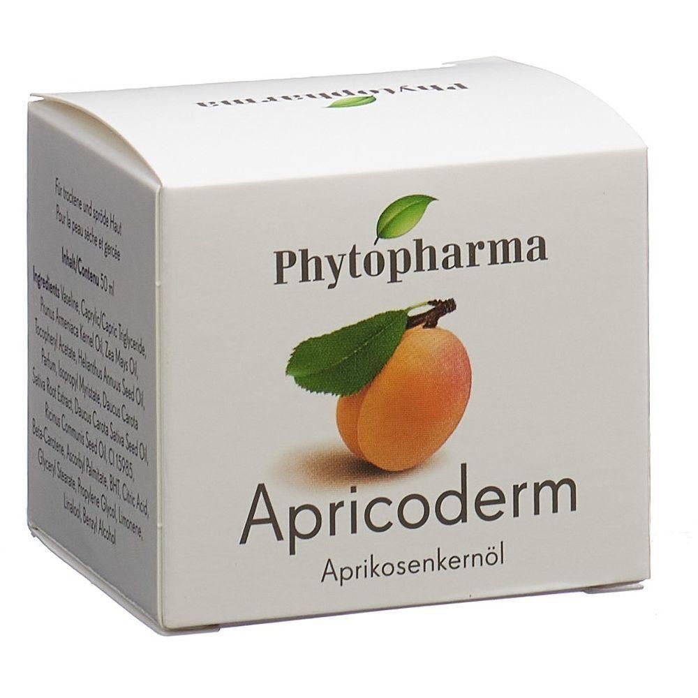 Boîte blanche "Phytopharma" avec image d'abricot. Inscription "Apricoderm" et "Aprikosenkernöl". Ingrédients et contenu 30 ml.