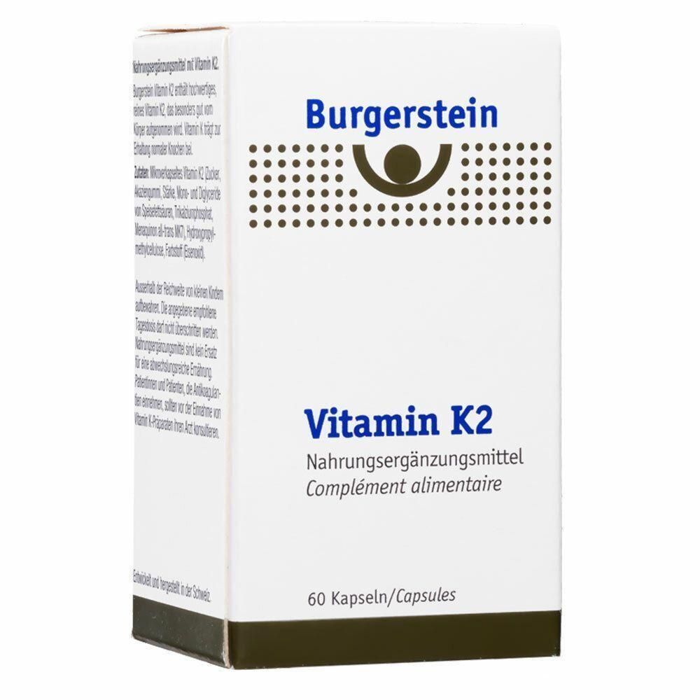 Weiße Schachtel mit Burgerstein-Logo und Schriftzug Vitamin K2. Enthält 60 Kapseln. Nahrungsergänzungsmittel.