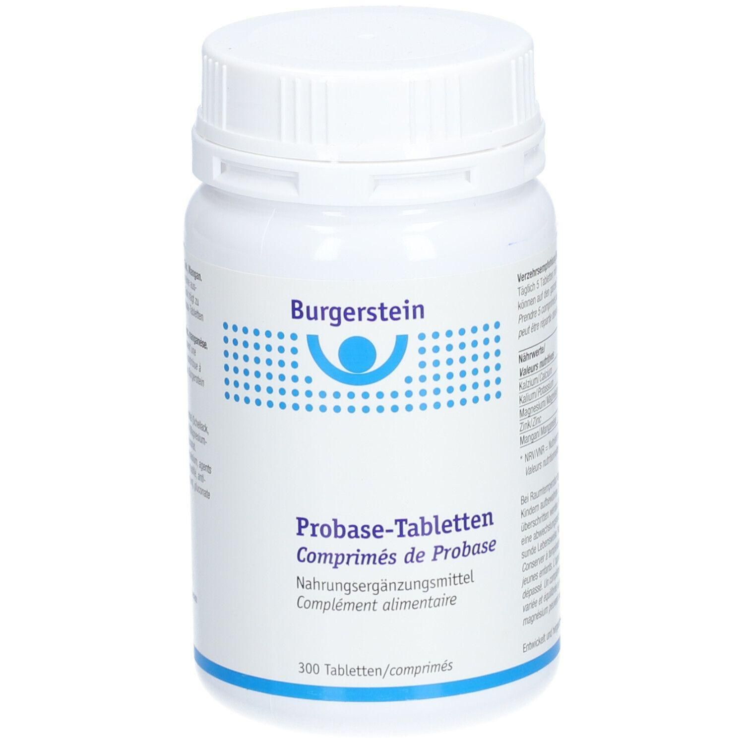 Weiße Kunststoffdose mit Schraubverschluss. Aufschrift: Burgerstein, Probase-Tabletten, Nahrungsergänzungsmittel. 300 Tabletten.