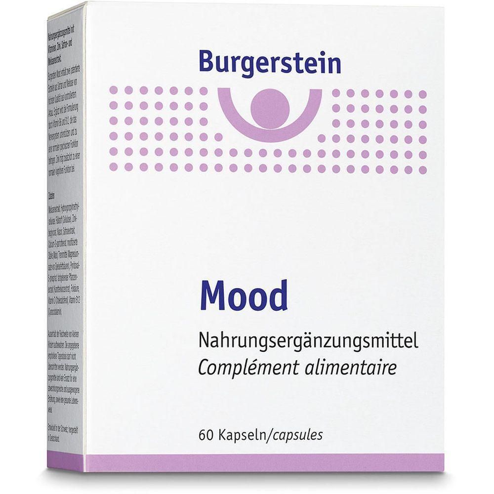 Weiße Schachtel mit lila Akzenten. Oben steht "Burgerstein". Darunter "Mood", "Nahrungsergänzungsmittel" und "60 Kapseln".