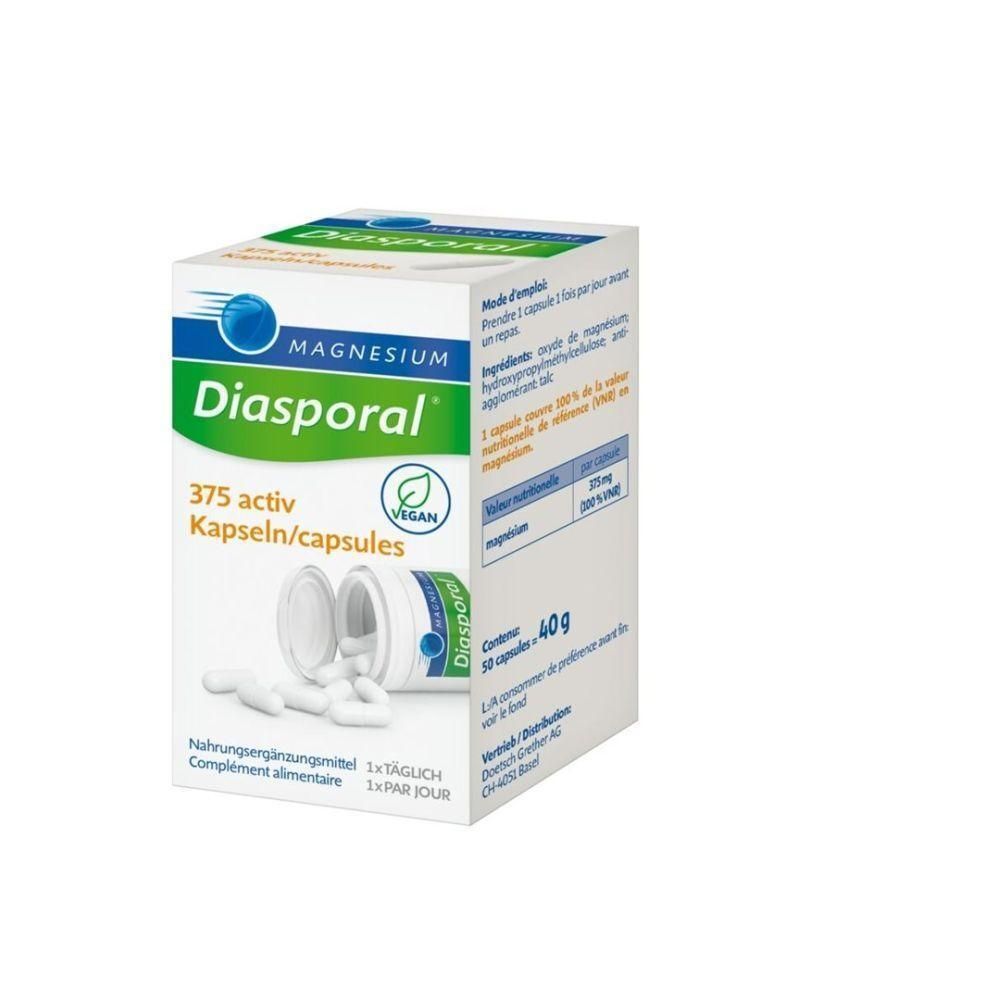 Boîte blanche « Magnesium Diasporal 375 activ Kapseln/capsules ». Contient un flacon et des gélules. Vegan.