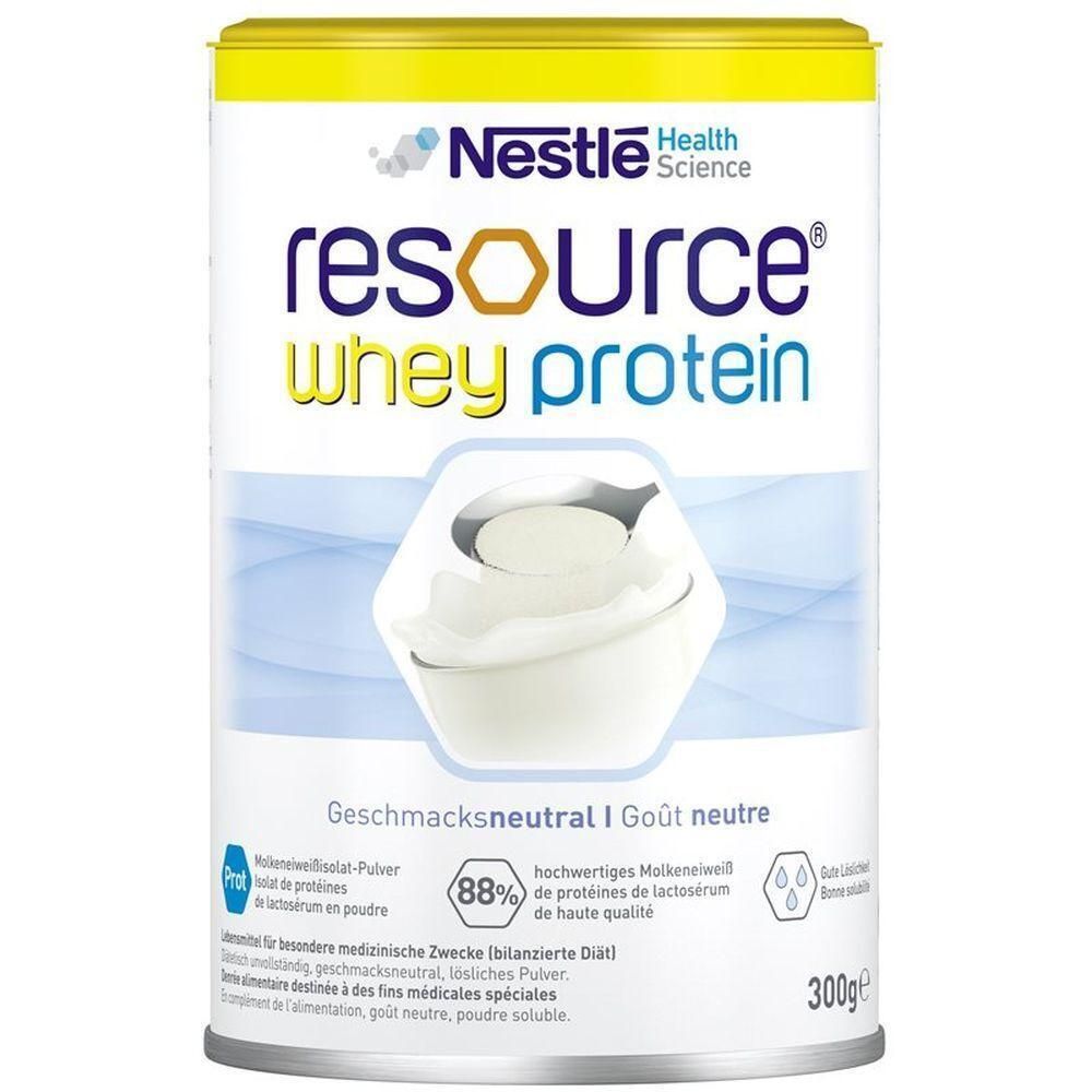 Runde Dose mit gelbem Deckel. Aufschrift: Nestle resource whey protein. Geschmackneutral. 300g. Enthält 88% Molkenproteine.
