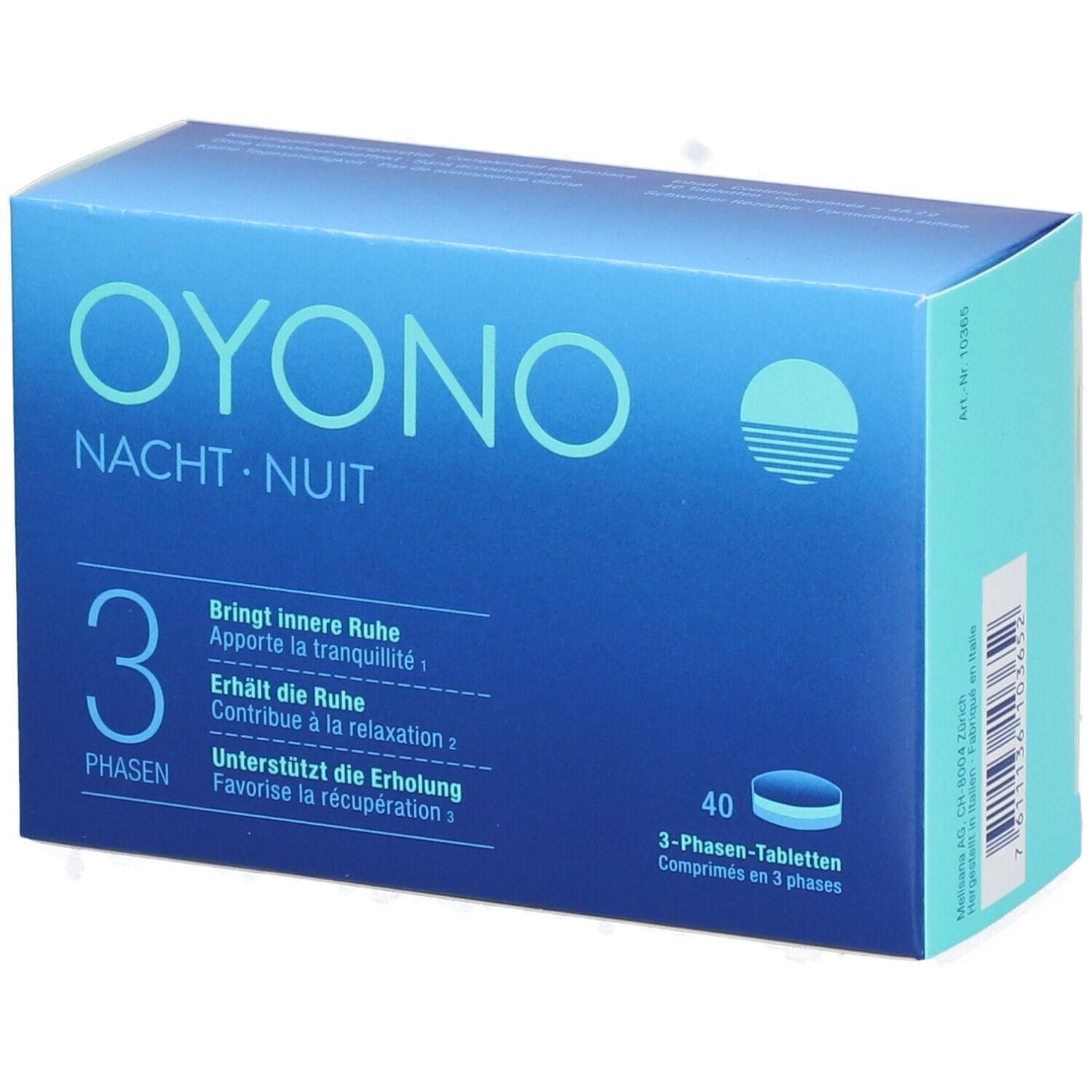 Blau-türkisfarbene Schachtel mit OYONO-Logo und Aufschrift NACHT. Enthält 40 Tabletten. Text in Deutsch und Französisch.