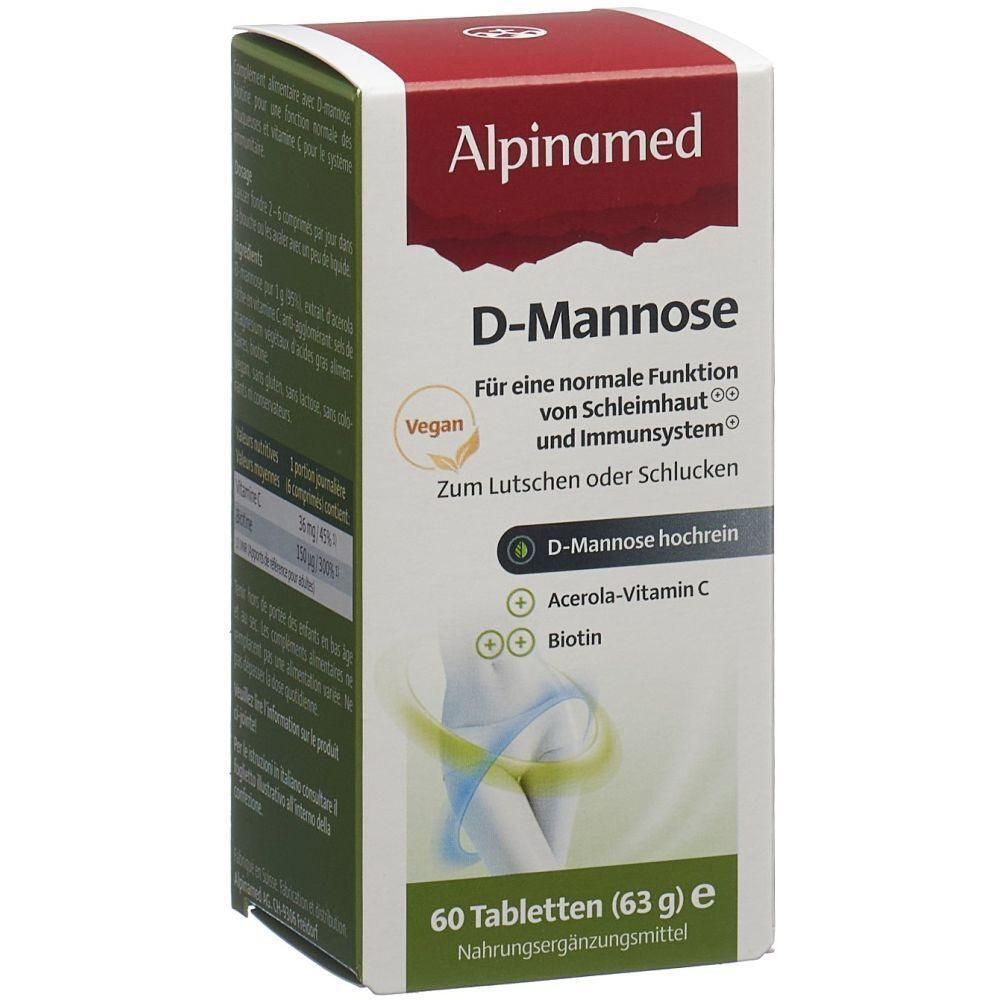 Schachtel mit Alpinamed D-Mannose Tabletten. Rote und weiße Verpackung mit Produktinformationen und Logo. 60 Tabletten.