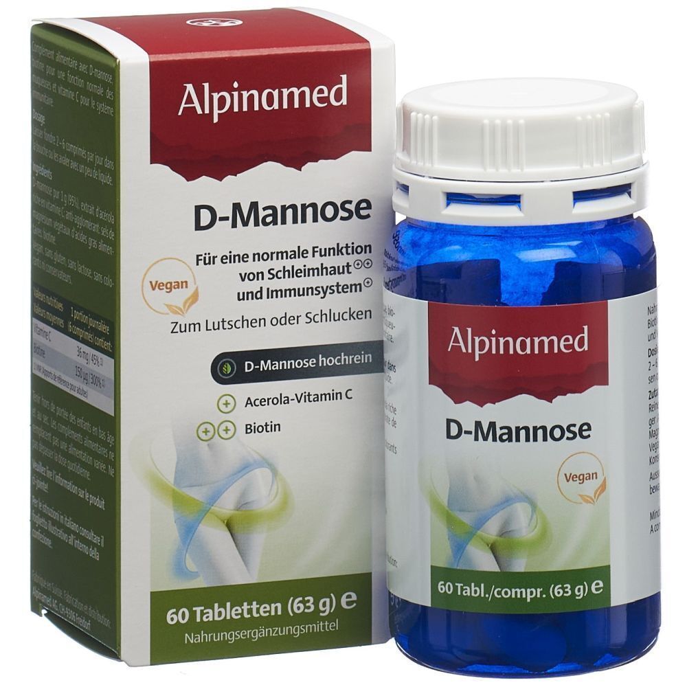Alpinamed D-Mannose Tabletten in blauer Flasche und Schachtel. Beide zeigen Produktinformationen und Logo. 60 Tabletten.