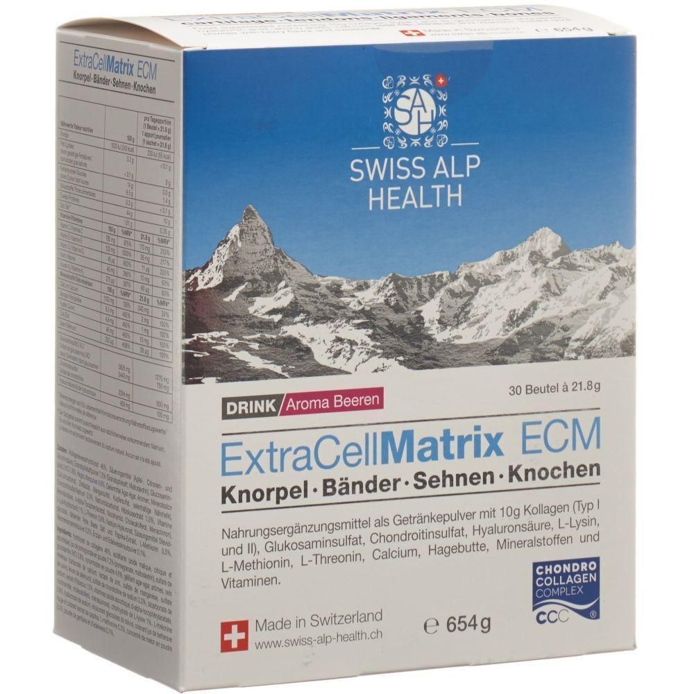 Karton mit ExtraCellMatrix ECM. Aufschrift: Swiss Alp Health. Enthält 30 Beutel. Mit Bergmotiv und Schweizer Kreuz.