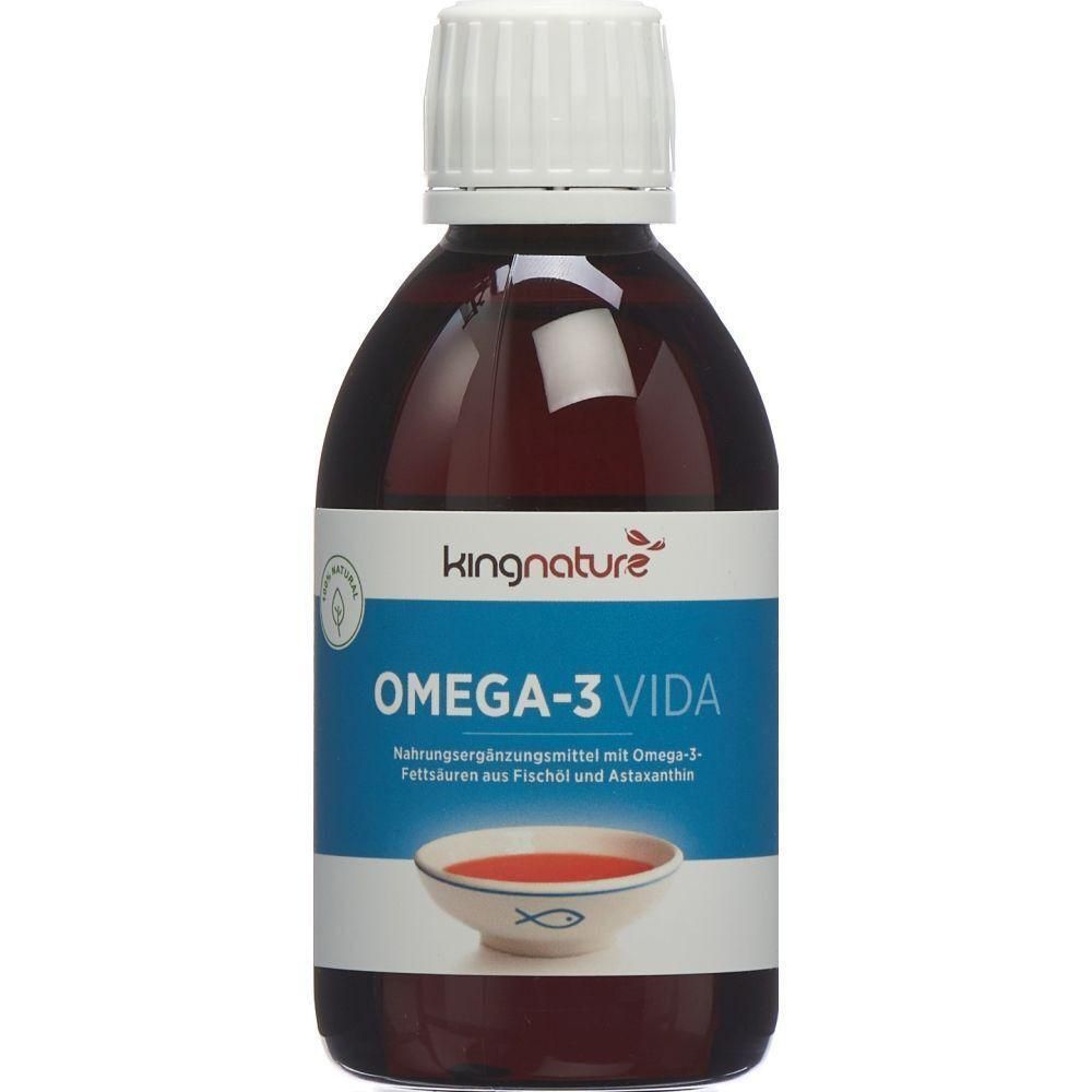 Braune Glasflasche mit weißem Schraubverschluss. Aufschrift: kingnature, OMEGA-3 VIDA. Abbildung einer Schale mit Flüssigkeit.