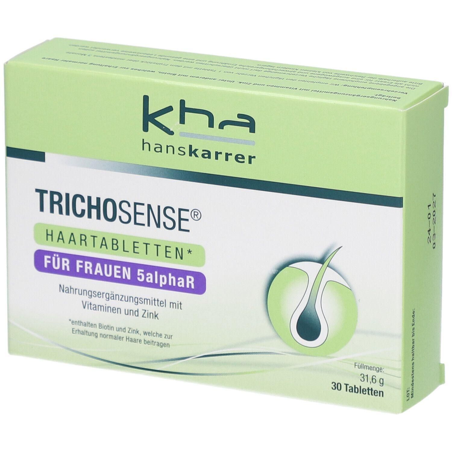 Grüne Schachtel mit Aufschrift TRICHOSENSE HAARTABLETTEN FÜR FRAUEN. Enthält 30 Tabletten. Marke: kha hanskarrer.