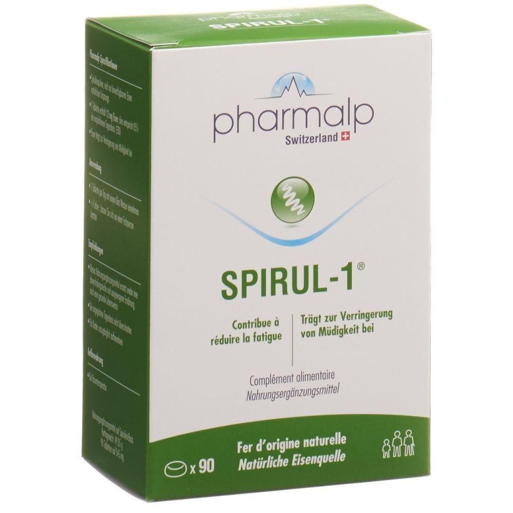 Weißer Karton mit grünen Akzenten. Aufschrift: pharmalp Spirul-1. Enthält 90 Tabletten. Beschriftung in Deutsch und Französisch.
