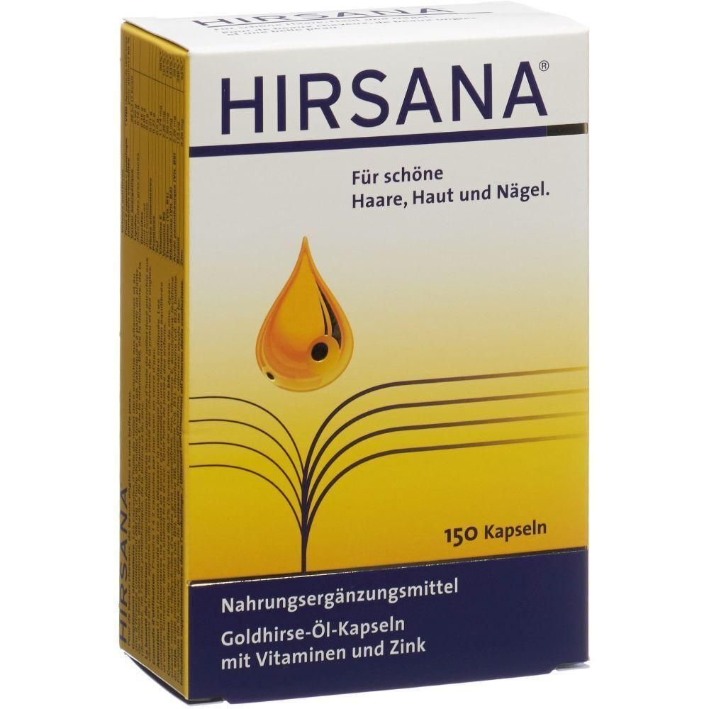 Boîte blanche et jaune avec le nom HIRSANA. Contient 150 capsules. Inscription : Complément alimentaire à l'huile de millet doré, vitamines et zinc.